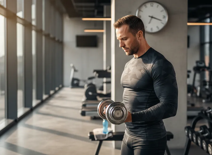 An active adult training with a dumbbell in a gym